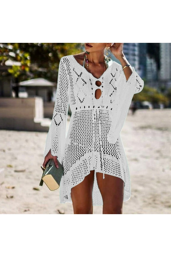 XIAOFFENN Cover Ups For Swimwear Women Women's Summer Swimsuit Bikini Sexy Sun Protection With Flared Sleeves Beach Swimwear Cover Up Knitted Cover Up
