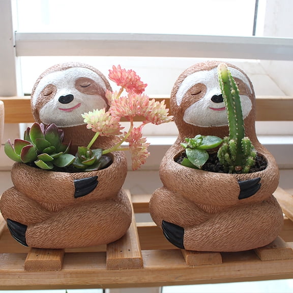 Ovzne Creative Sloth Resin Succulent Planter Cute Tabletop Flower Pot Mini Green Plant Decor