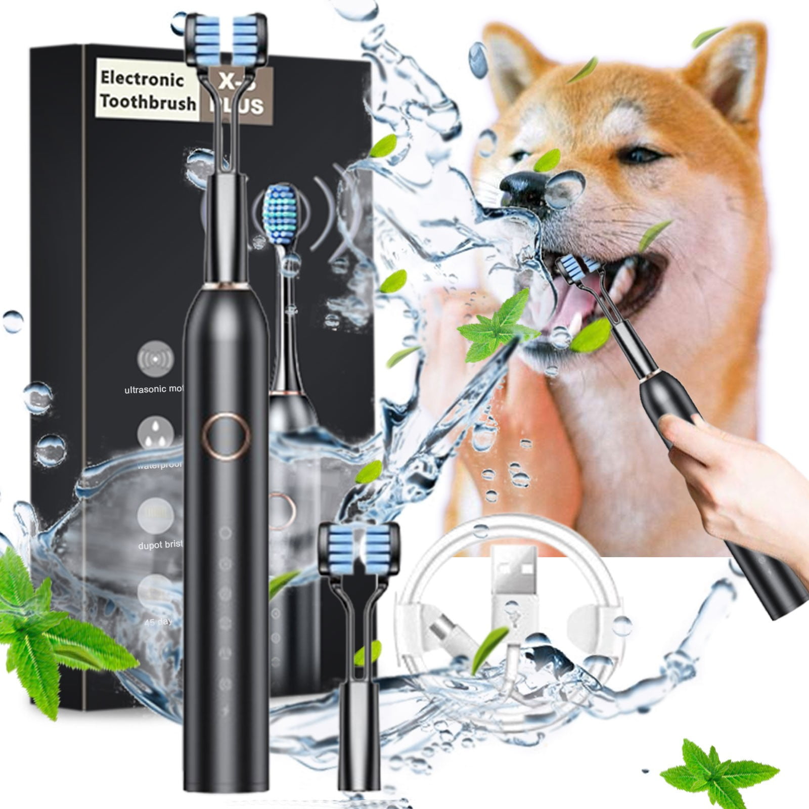 Ovzne Electric Toothbrush for Pets, Ultrasound Cleans Completely Silently, With 2 Brush Heads, 6