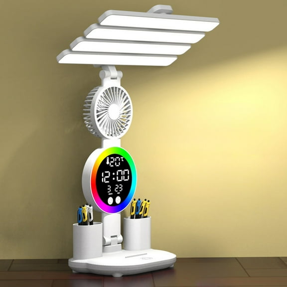 Ovzne Foldable Smart Led Desk Lamp, 4-Head Rechargeable With Rgb Ambient Light, Mini Fan