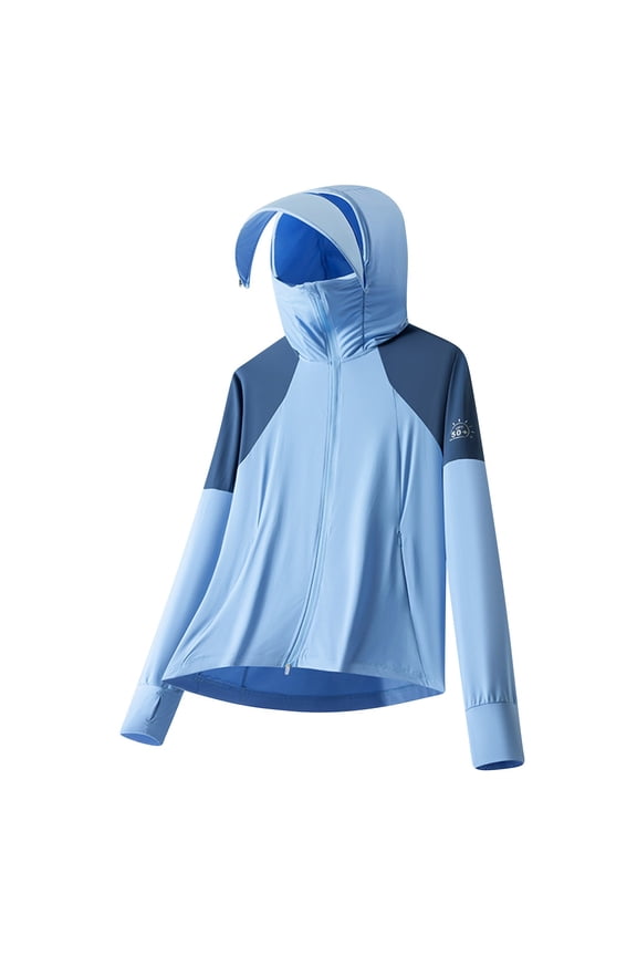 Men's Upf 50+ Sun Protection Hooded Long Sleeve Jacket Ice Silk Color Blocked Breathable Outdoor Fishing Hiking Cycling Summer Coat,Blue,XXXL