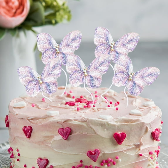 Ovzne Mother's Day Embroidered Butterfly Cake Decorating Insert – 5X4X1Cm Pink Wax Fabric Cake Flags | Diy Birthday Dessert Table Ornament, Baking Decoration For Cakes, Desserts