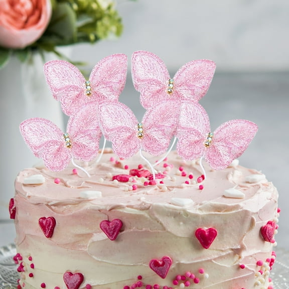Ovzne Mother's Day Embroidered Butterfly Cake Decorating Insert – 5X4X1Cm Pink Wax Fabric Cake Flags | Diy Birthday Dessert Table Ornament, Baking Decoration For Cakes, Desserts