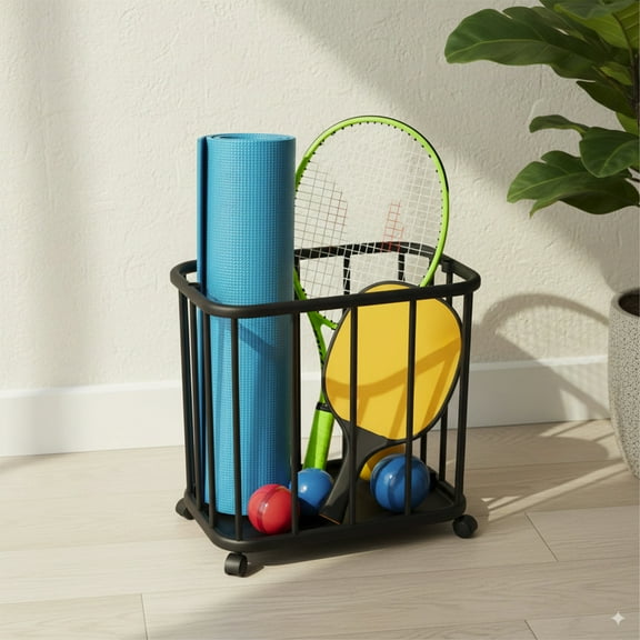 Ovzne Multi-Functional Storage Basket With Wheels - Black Plastic Organizer For Laundry,Sports Equipment