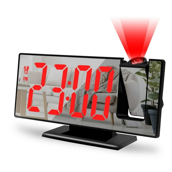 Ovzne Projection Alarm Clock, 2024 New Mirror LED Display Silent Sleep Electronic Clock with Dual Alarm & 180° Rotatable Projector, Multifunctional Digital Nightlight Desk Clock, 5mins Snooze (Black)