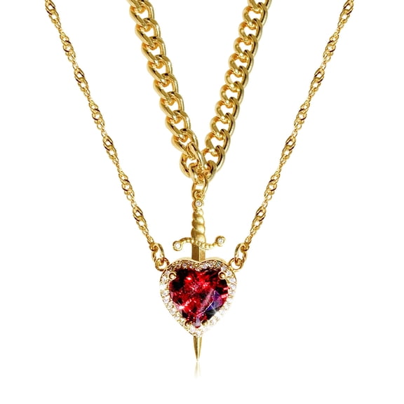 Ovzne Red Crystal Heart Dagger Pendant Layered Necklace French Style Clavicle Chain Jewelry for Women Mother's Day gift