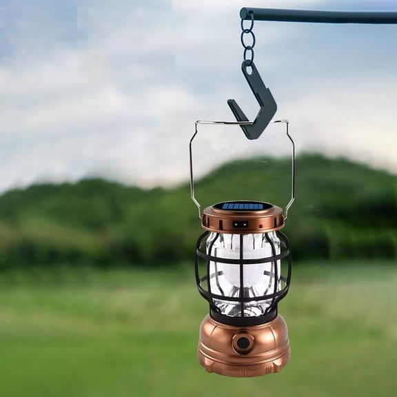 Ovzne Retro Solar Rechargeable Camping Light Dual Charging LED Tent Lantern with Phone Charging Function for Outdoor Emergency Ambient Lighting