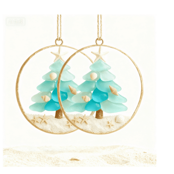 Ovzne Sea Glass Christmas Tree Ornament – Unique Coastal-Inspired Holiday Pendant 2pc