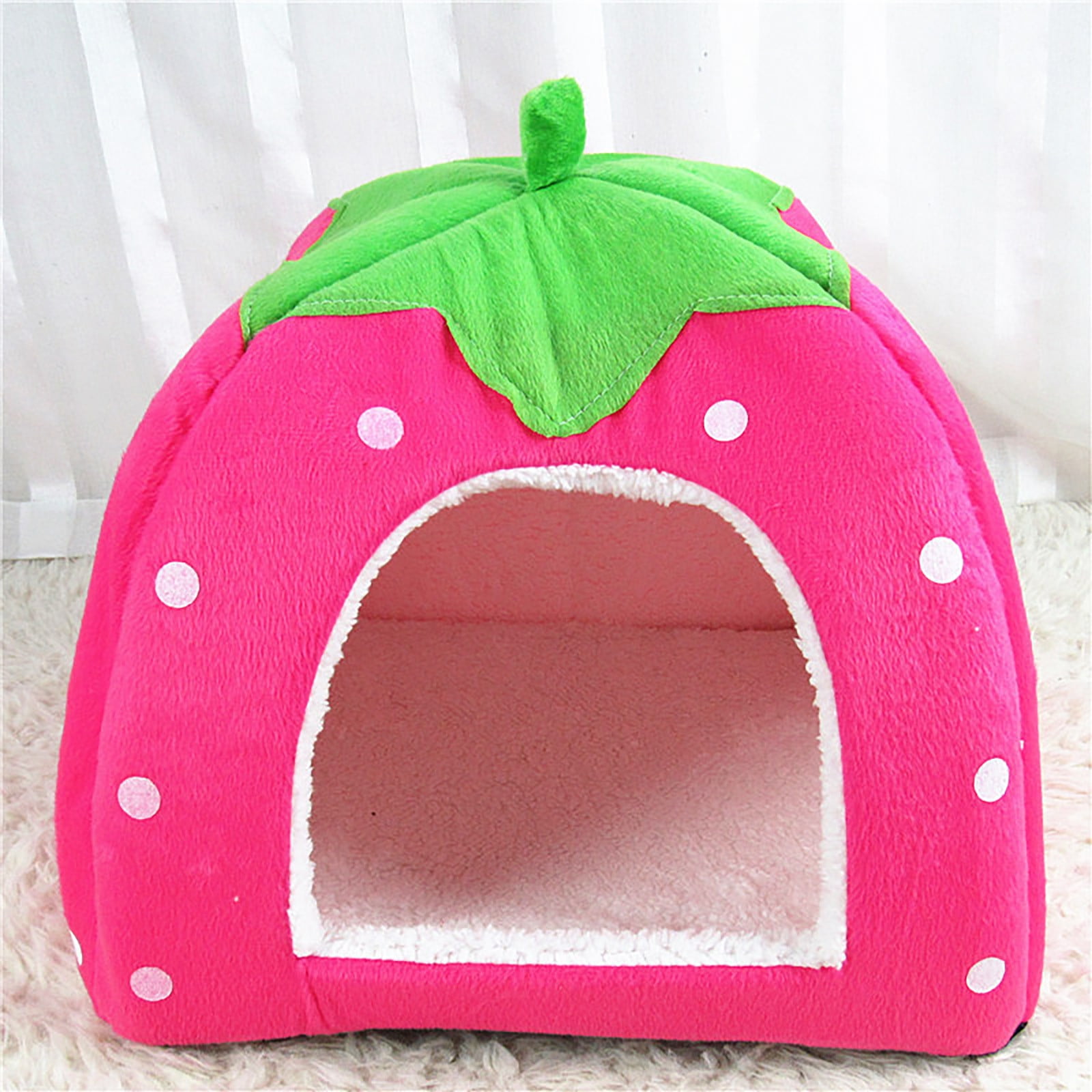 Ovzne Soft Warm Dog Cat Cave Bed Strawberry House Cotton Plush Pet Dome ...