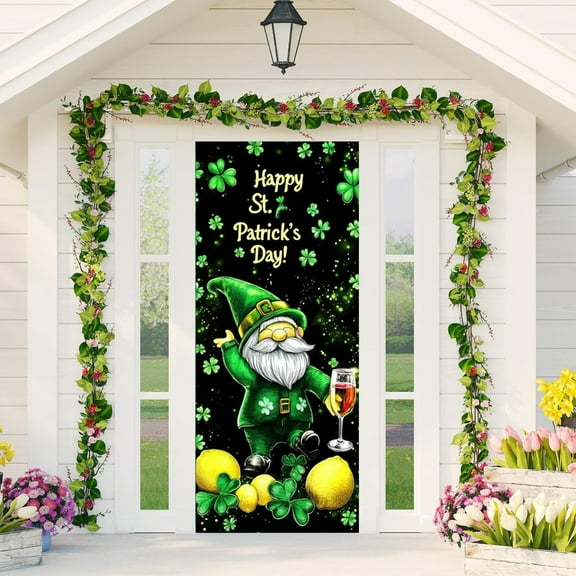 Ovzne St. Patrick's Day Vertical Door Cover Flag – 180X90Cm Green Outdoor Hanging Decoration, Shamrock Leprechaun Design, Waterproof Reusable For Patio