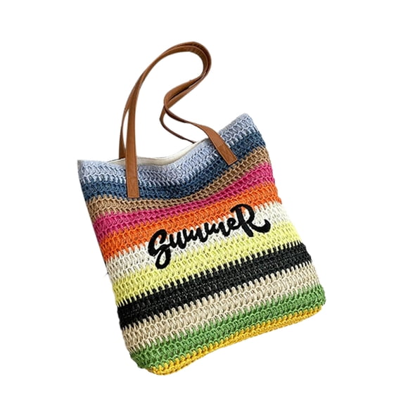 Ovzne Summer Crochet Embroidered Letter Beach Tote Bag Large Capacity Travel Shoulder Straw Bag
