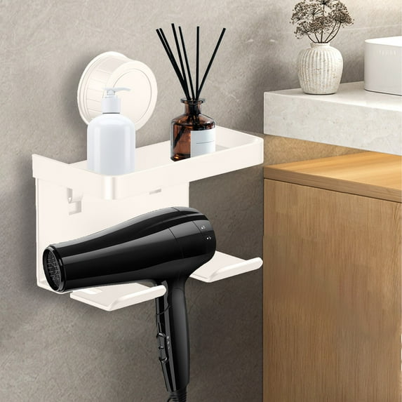 Ovzne Wall-Mounted Hair Dryer Holder – Suction Cup Storage Rack With Accessory Compartment