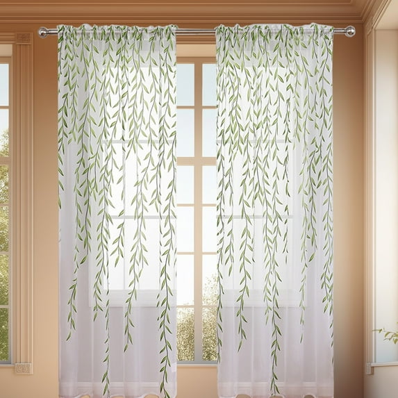 Ovzne Wicker Shade Curtain - 39.37X78.74 Inches Green Polyester Sun Screen With White Gauze, Set Of 2 For Bedroom Living Room