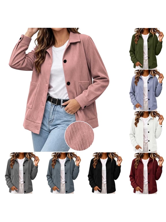 Women's Corduroy Shacket Button Down Jacket Lapel Collar Long Sleeve Coat with Pockets Relaxed Fit Casual Outerwear,Pink Jackets for Women