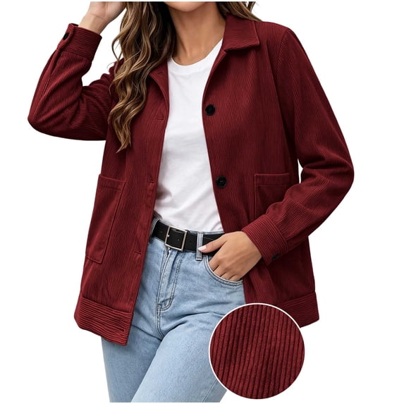Ovzne Women's Corduroy Shacket Button Down Jacket Lapel Collar Long Sleeve Coat with Pockets Relaxed Fit Casual Outerwear,Wine Jackets for Women