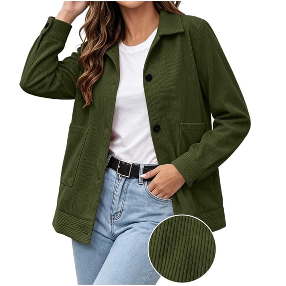 Ovzne Women's Corduroy Shacket Button Down Jacket Lapel Collar Long Sleeve Coat with Pockets Relaxed Fit Casual Outerwear,Army Green Jackets for Women