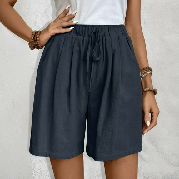 Ovzne Women's High Waist Drawstring Linen-Style Shorts – Solid Color Loose A-Line Casual Shorts for Spring & Summer Outings, Work, Gym, and Everyday Wear,Navy,L