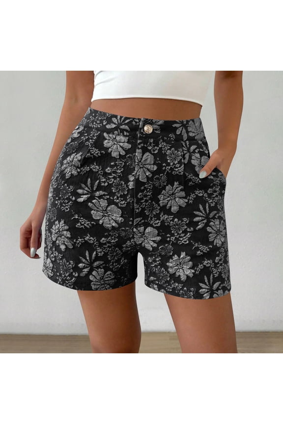 Women's High-Waisted Floral Embroidered Shorts – Vintage Textured Straight Cut Casual Shorts for Summer, Beach, Vacation & Everyday Style,Black,L