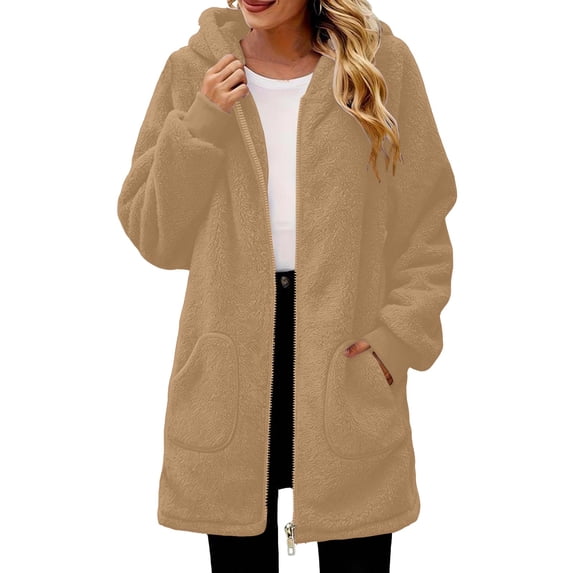 Ovzne Women's Hooded Fleece Jacket Full Zip Up Long Sleeve Mid-Length Warm Winter Coat with Pockets Relaxed Fit,Khaki Jackets for Women