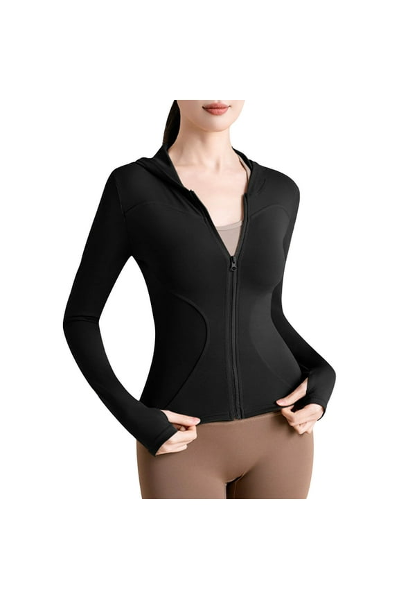 Women's Long Sleeve Hooded Zipper Yoga Jacket Sun Protection Active Wear Lightweight Stretchy Fitness Top Casual Sport Outwear for Gym Running,Black,L