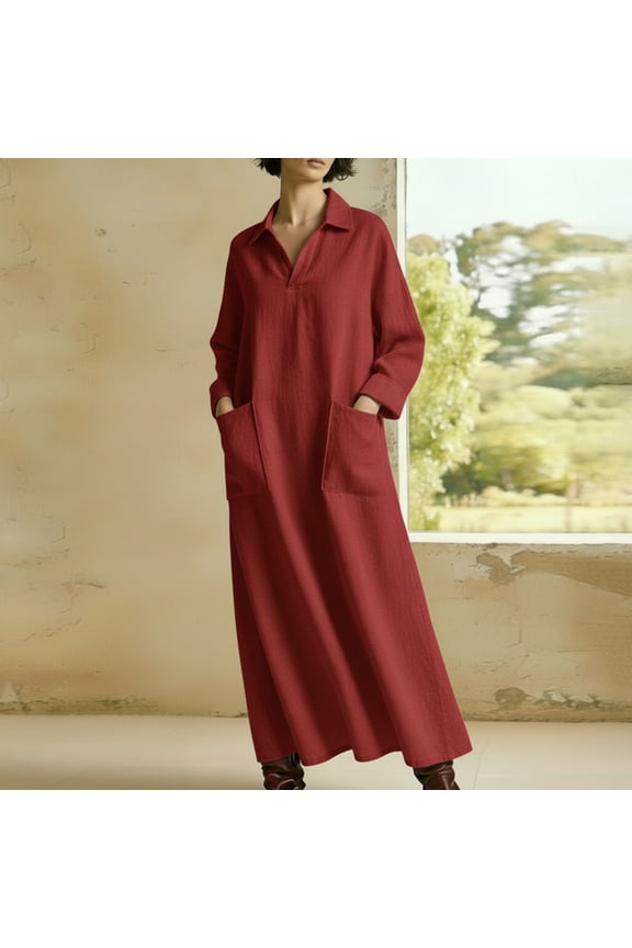 Women's Mustard Yellow Long Sleeve Shirt Dress – Relaxed A-Line Maxi with Patch Pockets & Drop Shoulders S-3XL