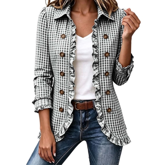 Ovzne Women's Plus Size Check Ruffle Jacket Lapel Collar Long Sleeve Open Front Coat with Decorative Buttons Tailored Fit,Black Jackets for Women