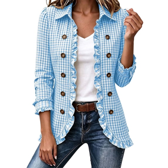 Ovzne Women's Plus Size Check Ruffle Jacket Lapel Collar Long Sleeve Open Front Coat with Decorative Buttons Tailored Fit,Sky Blue Jackets for Women