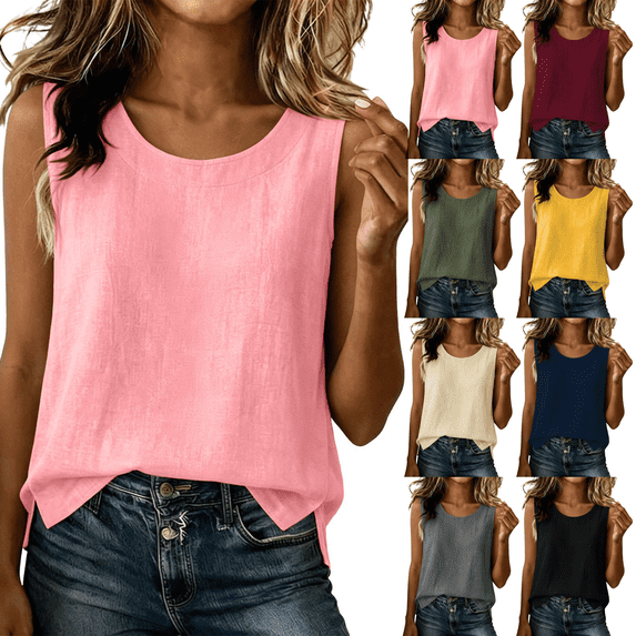 Ovzne Women's Plus Size Cotton Linen Casual Sleeveless Round Neck Tank Tops Trendy Summer Lightweight Loose Blouses