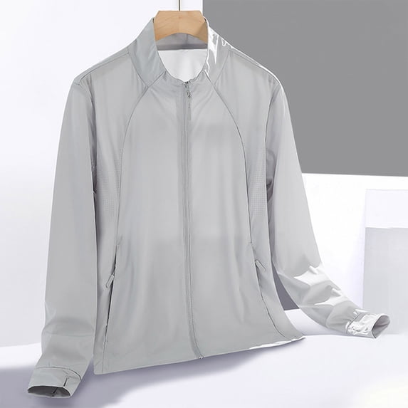Ovzne Women's Solid Color Hoodless Long Sleeve Zip-Up Jacket Lightweight Breathable Sun Protection Outdoor Casual Sports Top,Gray,L