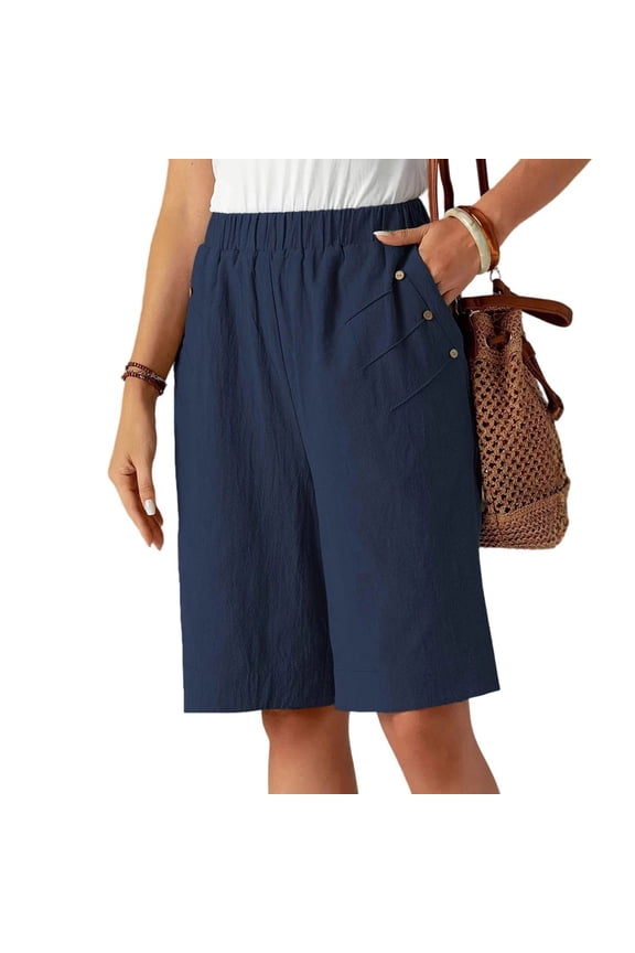 Women's Solid High-Waist A-Line Wide-Leg Cropped Shorts – 100% Polyester Breathable Five-Quarter Lounge Pants with Side Pockets & Button Detail S-3XL