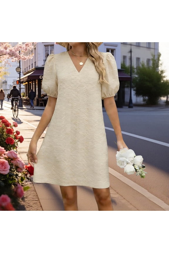 Women's V-Neck Puff Short Sleeve Mini Dress with Decorative Cuff – Court-Inspired Solid Summer Dress S-XXL