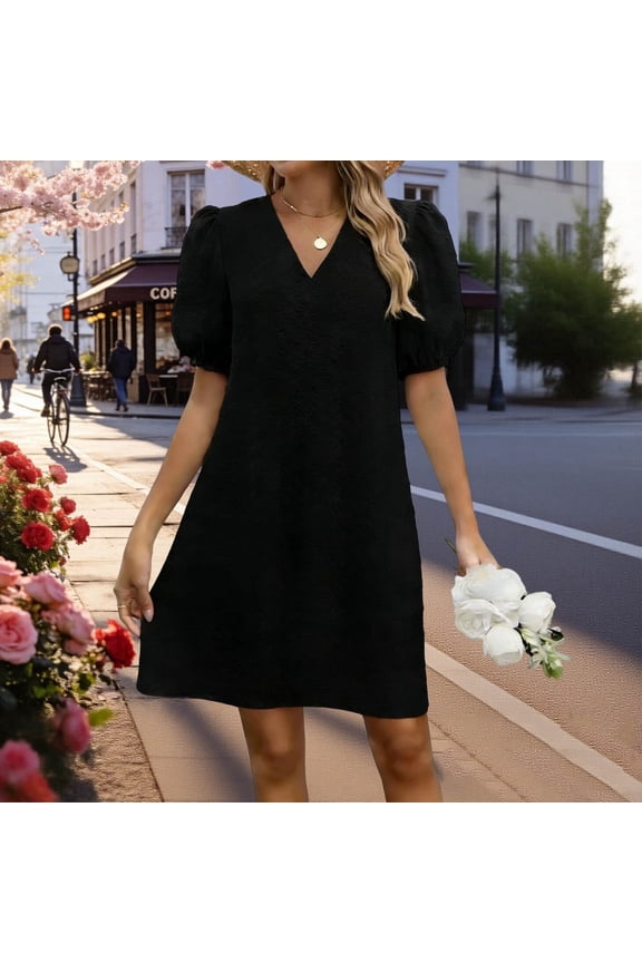 Women's V-Neck Puff Short Sleeve Mini Dress with Decorative Cuff – Court-Inspired Solid Summer Dress S-XXL