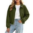 thumbnail image 1 of Ovzne Women's Zip Up Cropped Cardigan Lapel Collar Long Sleeve Jacket Drop Shoulder Ribbed Hem Casual Coat,Army Green Jackets for Women, 1 of 7