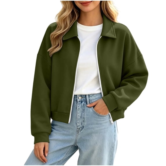 Ovzne Women's Zip Up Cropped Cardigan Lapel Collar Long Sleeve Jacket Drop Shoulder Ribbed Hem Casual Coat,Army Green Jackets for Women