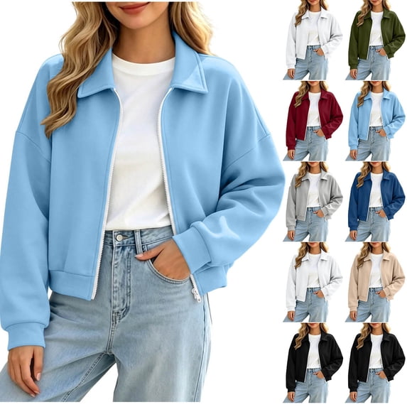 Ovzne Women's Zip Up Cropped Cardigan Lapel Collar Long Sleeve Jacket Drop Shoulder Ribbed Hem Casual Coat,Light Blue Jackets for Women