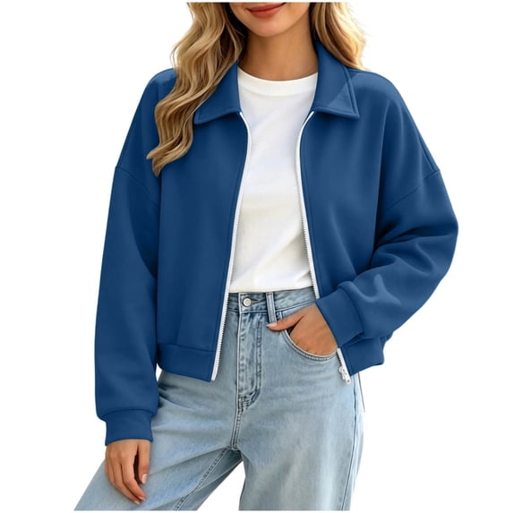 Ovzne Women's Zip Up Cropped Cardigan Lapel Collar Long Sleeve Jacket Drop Shoulder Ribbed Hem Casual Coat,Navy Jackets for Women