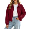 thumbnail image 1 of Ovzne Women's Zip Up Cropped Cardigan Lapel Collar Long Sleeve Jacket Drop Shoulder Ribbed Hem Casual Coat,Wine Jackets for Women, 1 of 7
