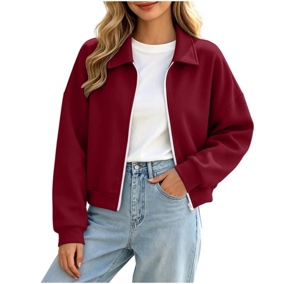 Ovzne Women's Zip Up Cropped Cardigan Lapel Collar Long Sleeve Jacket Drop Shoulder Ribbed Hem Casual Coat,Wine Jackets for Women
