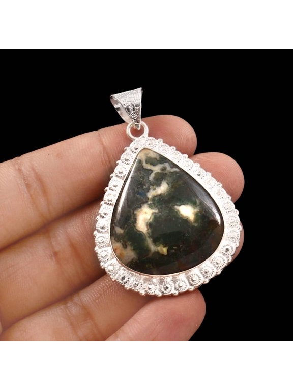 Owais Gems And Jewelry Beautiful Moss Agate Pendant 77 CT Pear Shape Gemstone Silver Pendant Women's Jewelry.