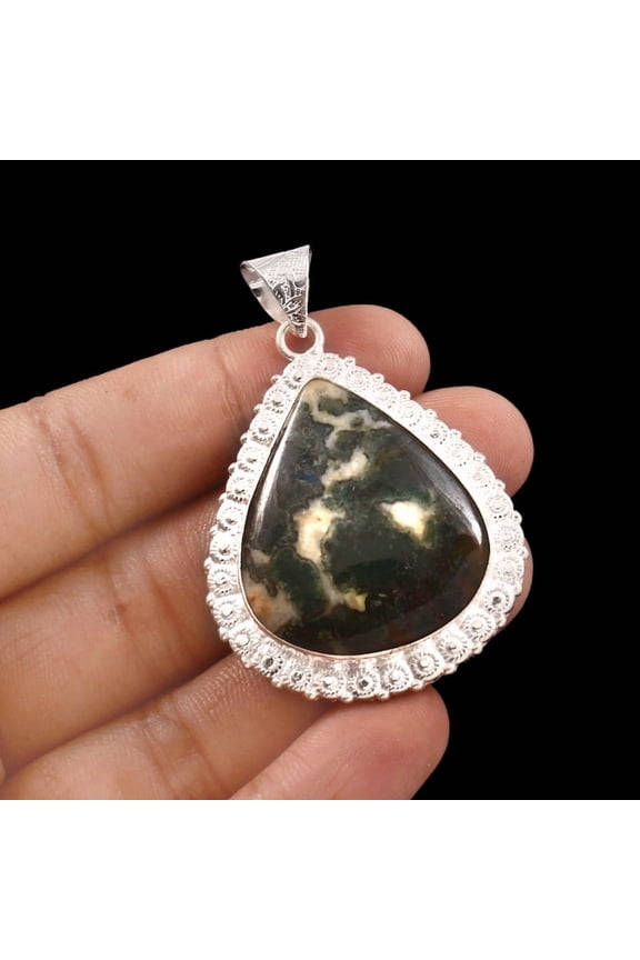 Owais Gems And Jewelry Beautiful Moss Agate Pendant 77 CT Pear Shape Gemstone Silver Pendant Women's Jewelry.