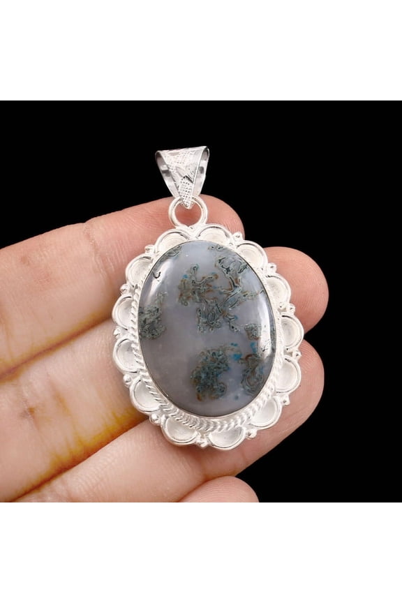 Beautiful Natural Moss Agate Gemstone Oval Shape 55 CT's Silver Fashion Jewelry Pendant