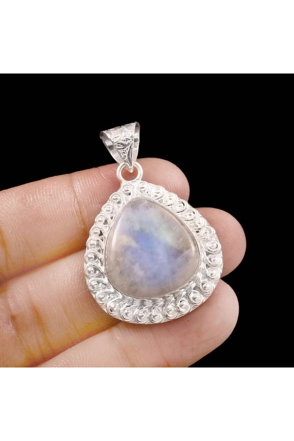 Owais Gems And Jewelry White Rainbow 47 CT's Pear Shape Moonstone Gemstone Silver Pendant Unisex Adults Jewelry.