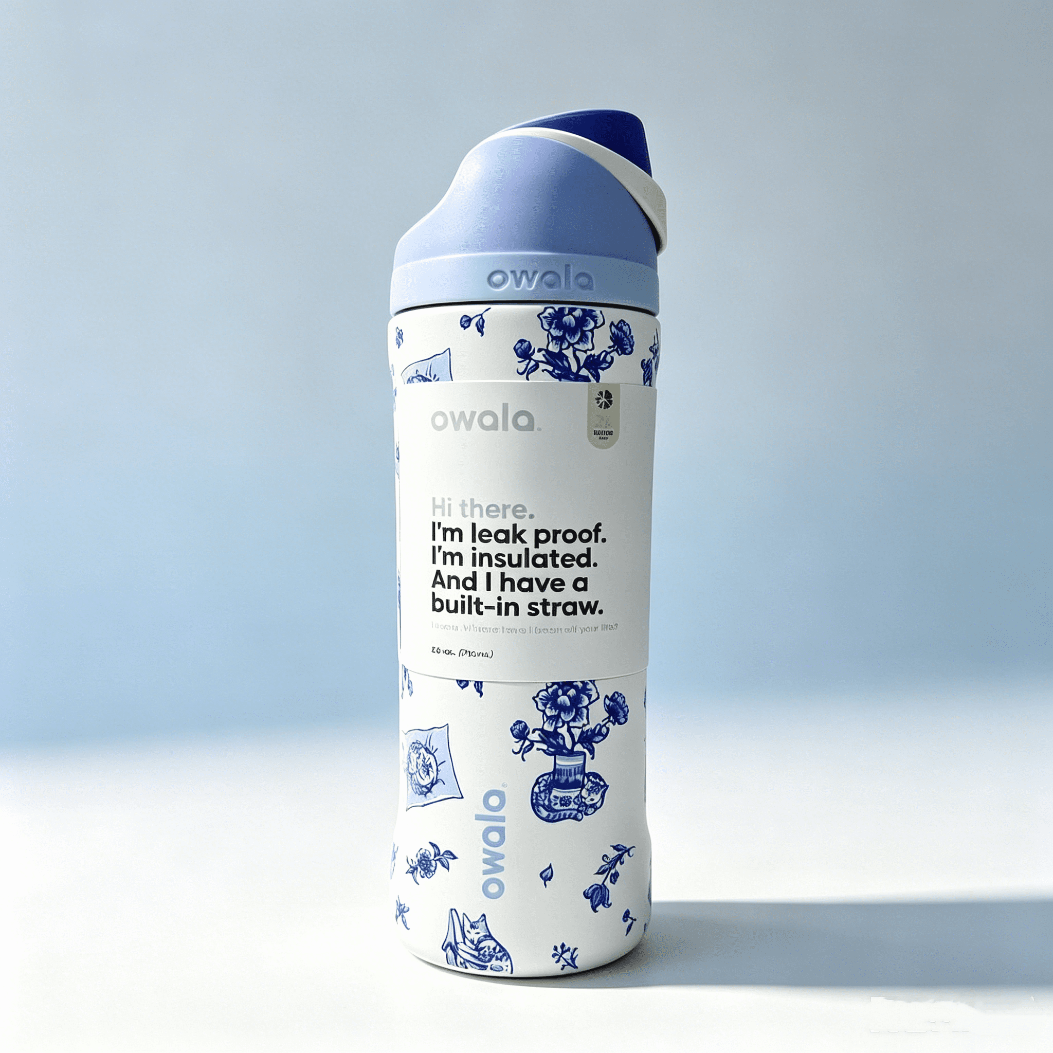 Owala FreeSip Stainless Steel Water Bottle, Kitty 24 oz Delft Cat Print