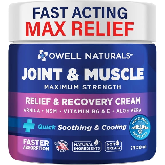 Owell Naturals Joint and Muscle Pain Relief Cream, 2 Oz, Sore Muscle Relief, Joint Pain, Non Greasy Formula