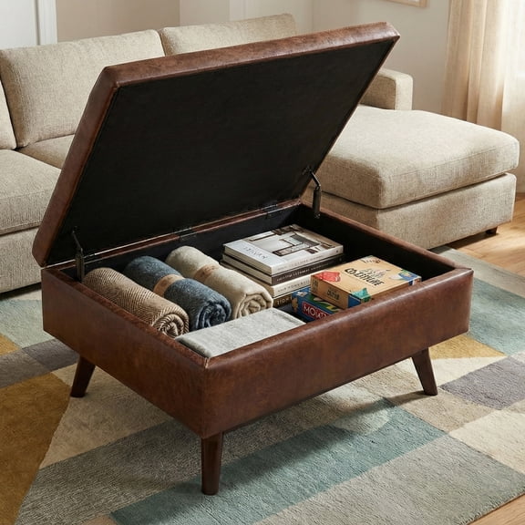 Owen 34 Inch Wide Coffee Table Storage Ottoman in Distressed Saddle Brown Vegan Leather for Living Room