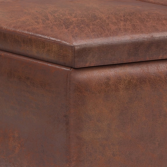 Owen 34 inch Wide Tray Top Small Coffee Table Storage Ottoman in Distressed Saddle Brown Vegan Leather