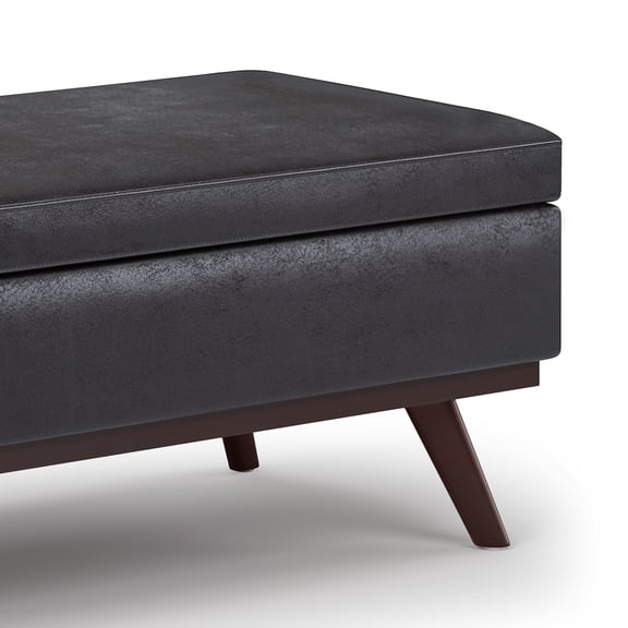 Owen 42 inch Wide Lift Top Large Coffee Table Storage Ottoman in Distressed Black Vegan Leather