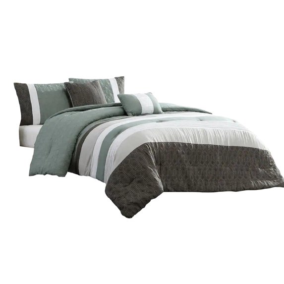 Owen 5 Piece King Comforter Set, The Urban Port, Striped White, Green, Gray