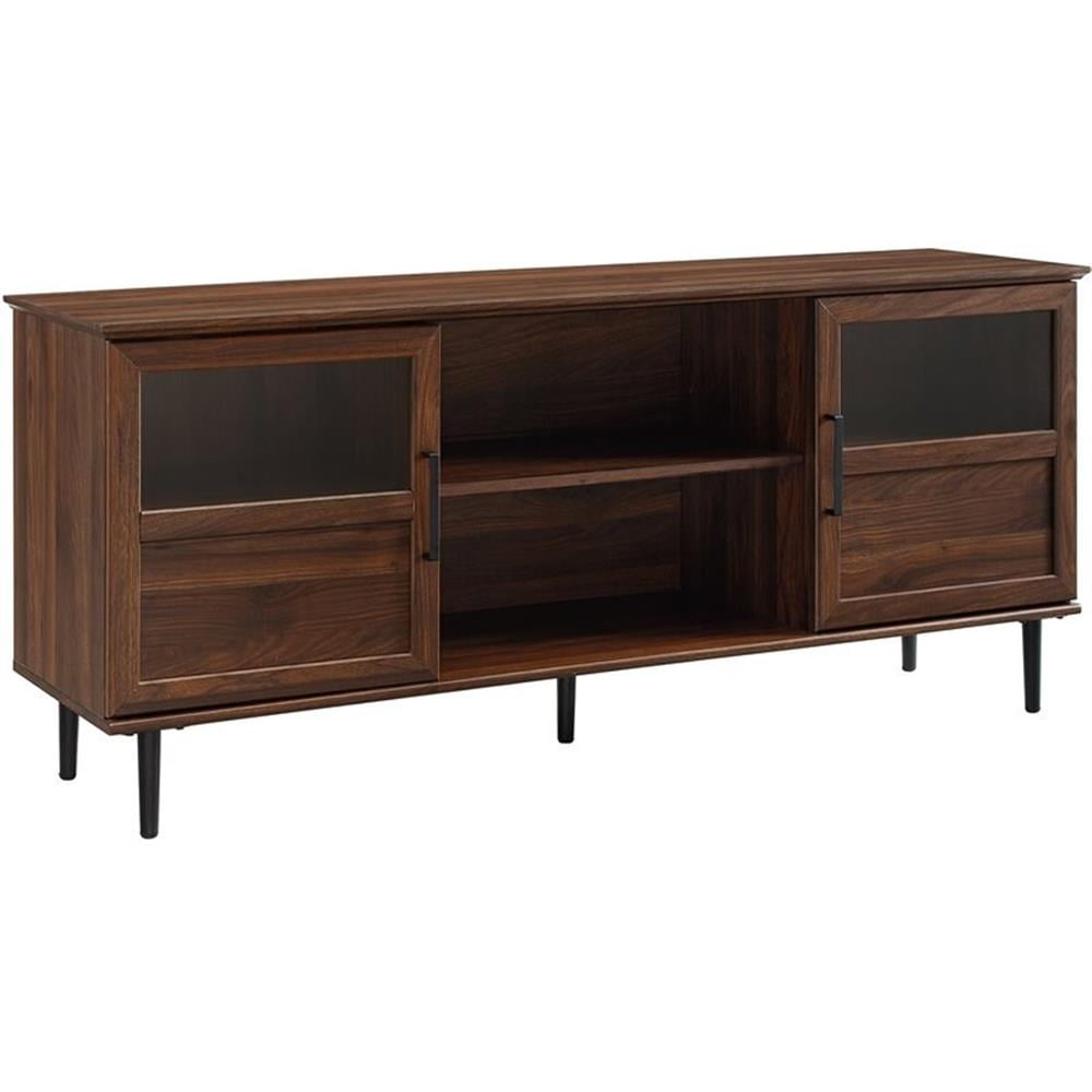 Transitional 58" Dark Walnut TV Console with Glass Panel Doors