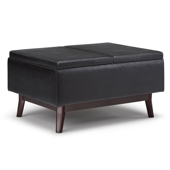 Owen Distressed Black Tray Top Storage Ottoman: Mid-Century Vegan Faux Leather Coffee Table, Foot Stool & Seating with Large Interior Storage for Living Room & Entryway
